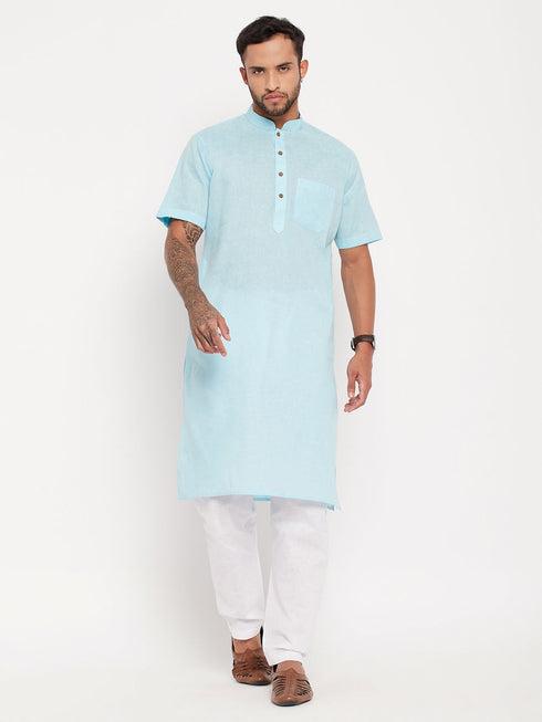 Vastramay Men's Aqua Blue Solid Kurta with White Pyjama Set